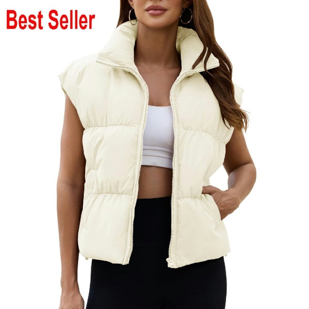 Cropped Puffer Vest Oversized Winter Sleeveless Zip Up Water-Resistant Coat
